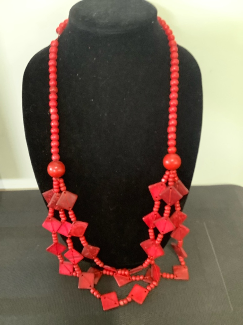 Red Multi-Strand Beaded Statement Necklace